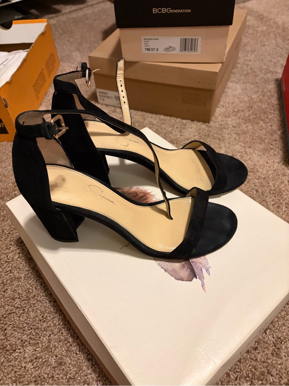 Jessica Black Suede Ankle Strap Block Heel Sandals